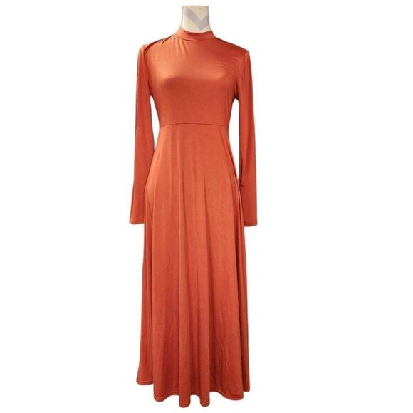 Women's Large Long-Sleeve Maxi Collared Neck Flowy Comfort Dress - Picture 1 of 5